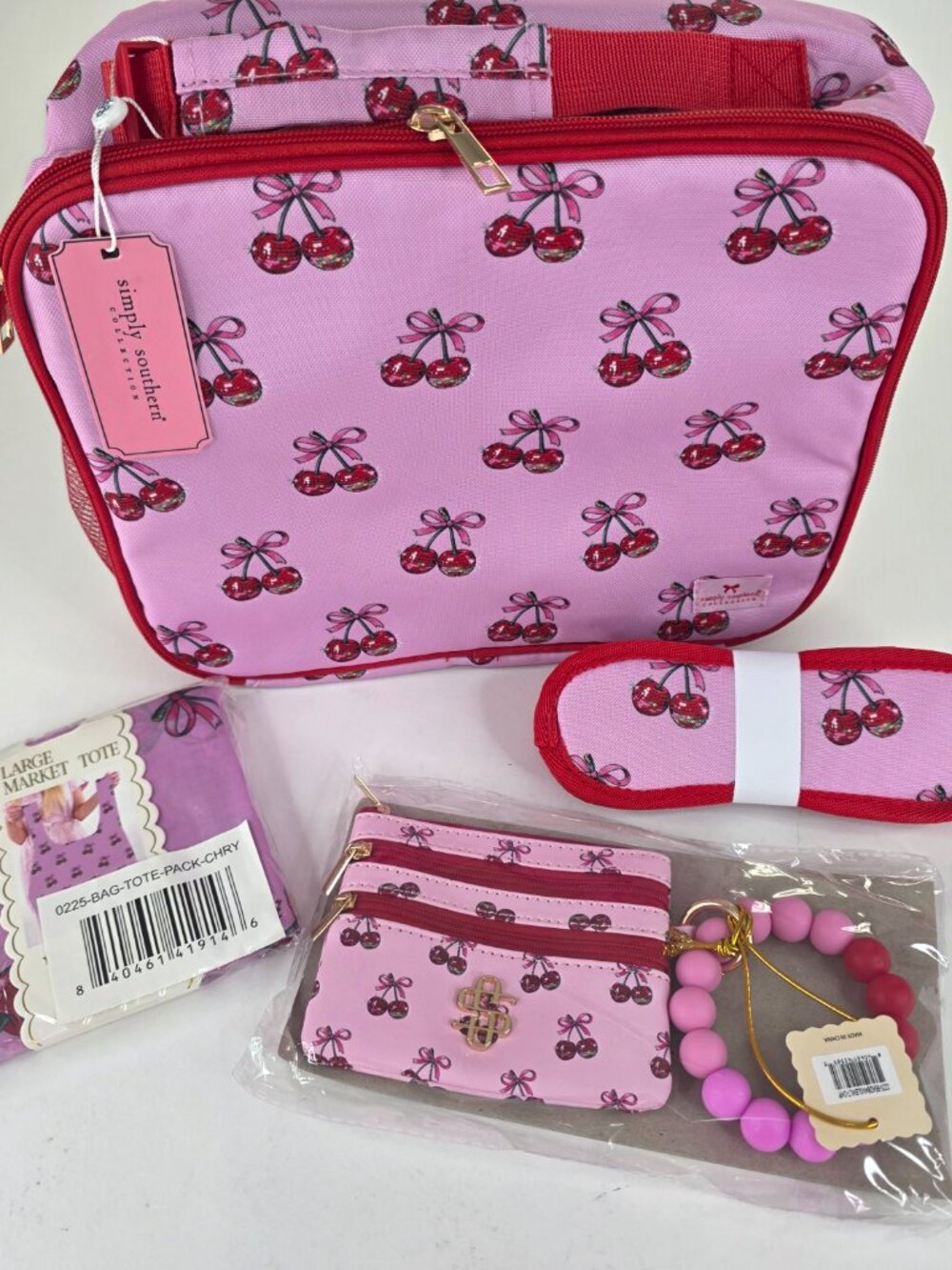 Simply Southern Pink Cherries 3pc Set Lunch Bag Tote Wristlet Wallet